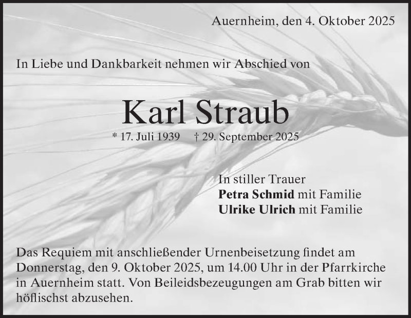  Traueranzeige für Karl Straub vom 04.10.2025 aus Heidenheimer Zeitung