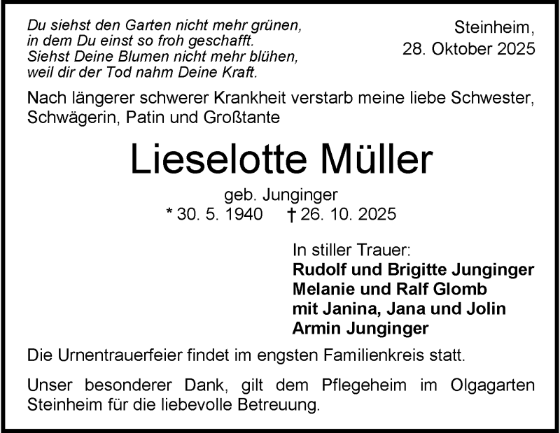  Traueranzeige für Lieselotte Müller vom 29.10.2025 aus Heidenheimer Zeitung