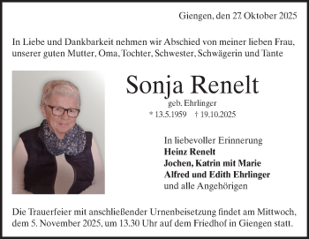 Traueranzeige von Sonja Renelt von Heidenheimer Zeitung