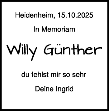Traueranzeige von Willy Günther von Heidenheimer Zeitung