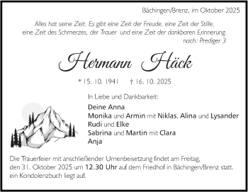 Traueranzeige von Hermann Häck von Heidenheimer Zeitung
