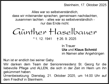 Traueranzeige von Günther Haselbauer von Heidenheimer Zeitung