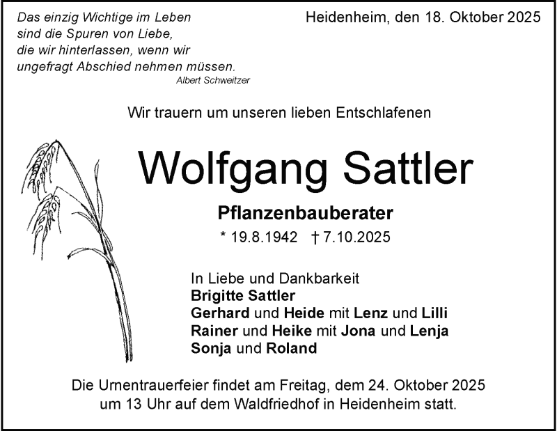  Traueranzeige für Wolfgang Sattler vom 18.10.2025 aus Heidenheimer Zeitung