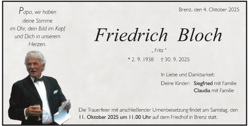  Traueranzeige für Friedrich Bloch vom 04.10.2025 aus Heidenheimer Zeitung
