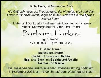 Traueranzeige von Barbara Farkas von Heidenheimer Zeitung