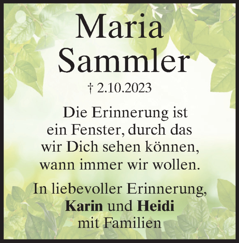  Traueranzeige für Maria Sammler vom 02.10.2025 aus Heidenheimer Zeitung