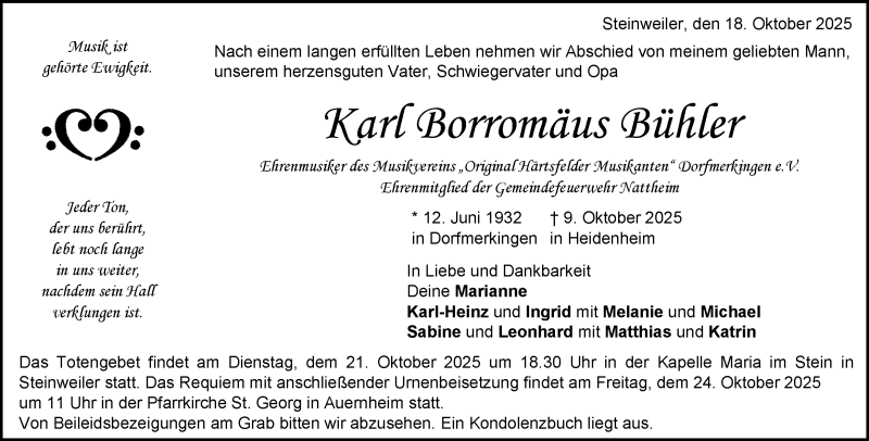  Traueranzeige für Karl Bühler vom 18.10.2025 aus Heidenheimer Zeitung