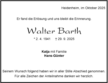 Traueranzeige von Walter Barth von Heidenheimer Zeitung