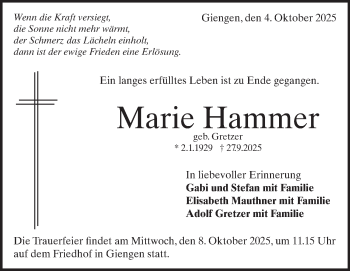 Traueranzeige von Marie Hammer von Heidenheimer Zeitung