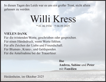 Traueranzeige von Willi Kress von Heidenheimer Zeitung