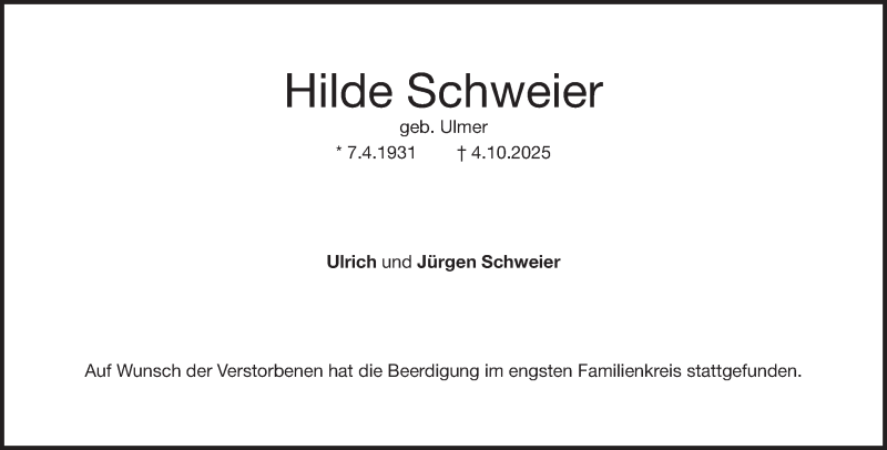  Traueranzeige für Hilde Schweier vom 16.10.2025 aus Heidenheimer Zeitung