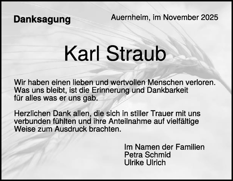  Traueranzeige für Karl Straub vom 15.11.2025 aus Heidenheimer Zeitung