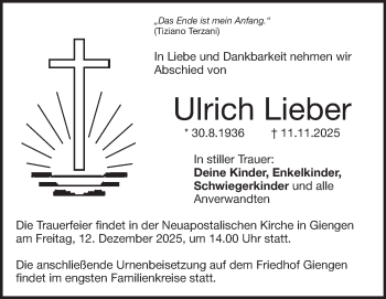 Traueranzeige von Ulrich Lieber von Heidenheimer Zeitung