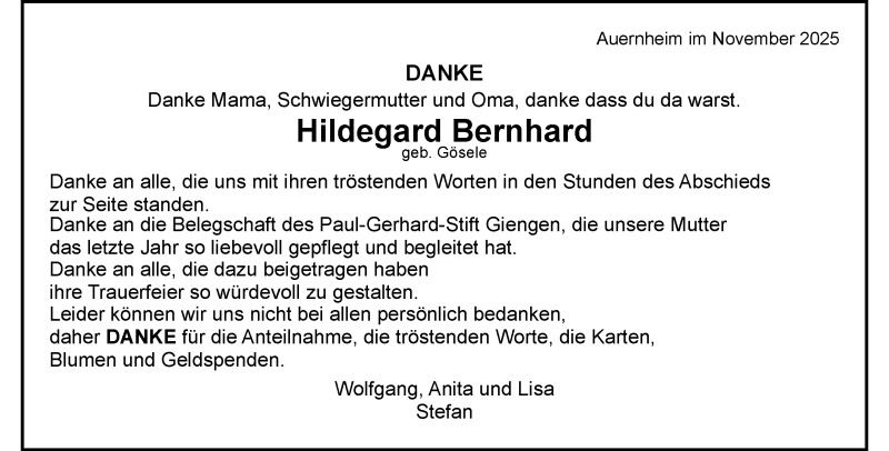  Traueranzeige für Hildegard Bernhard vom 29.11.2025 aus Heidenheimer Zeitung