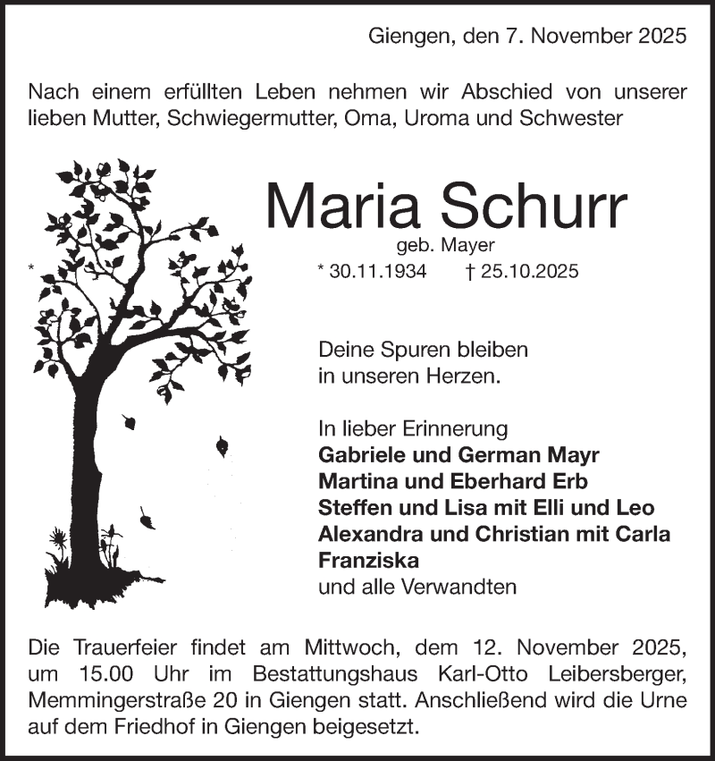  Traueranzeige für Maria Schurr vom 07.11.2025 aus Heidenheimer Zeitung