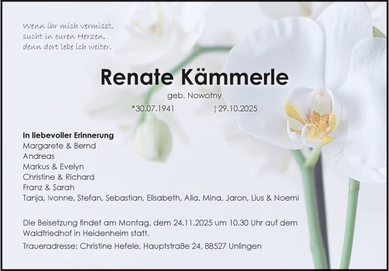  Traueranzeige für Renate Kämmerle vom 17.11.2025 aus Heidenheimer Zeitung
