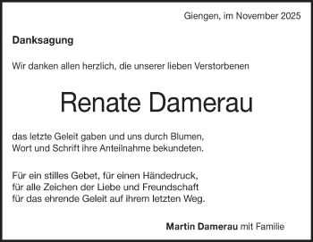 Traueranzeige von Renate Damerau von Heidenheimer Zeitung