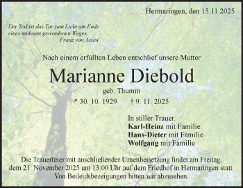 Traueranzeige von Marianne Diebold von Heidenheimer Zeitung