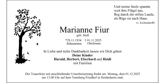Traueranzeige von Marianne Fiur von Heidenheimer Zeitung