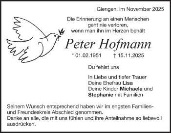 Traueranzeige von Peter Hofmann von Heidenheimer Zeitung