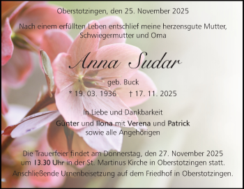 Traueranzeige von Anna Sudar von Heidenheimer Zeitung