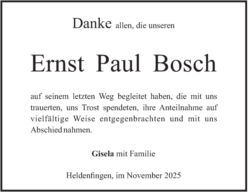  Traueranzeige für Ernst Paul Bosch vom 15.11.2025 aus Heidenheimer Zeitung