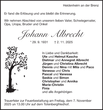 Traueranzeige von Johann Albrecht von Heidenheimer Zeitung