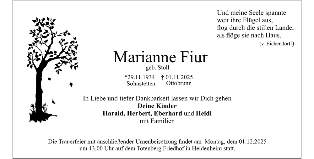  Traueranzeige für Marianne Fiur vom 24.11.2025 aus Heidenheimer Zeitung