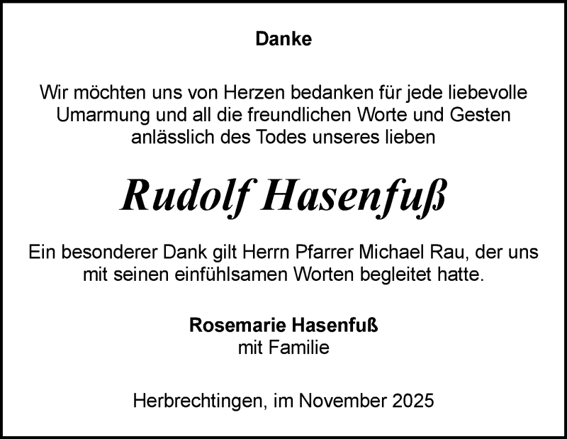  Traueranzeige für Rudolf Hasenfuß vom 22.11.2025 aus Heidenheimer Zeitung