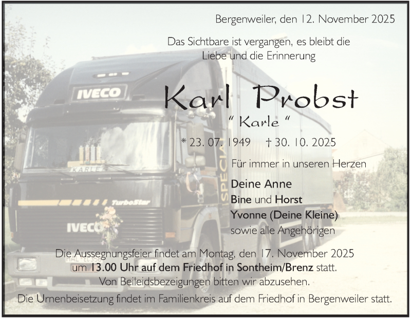  Traueranzeige für Karl Probst vom 12.11.2025 aus Heidenheimer Zeitung