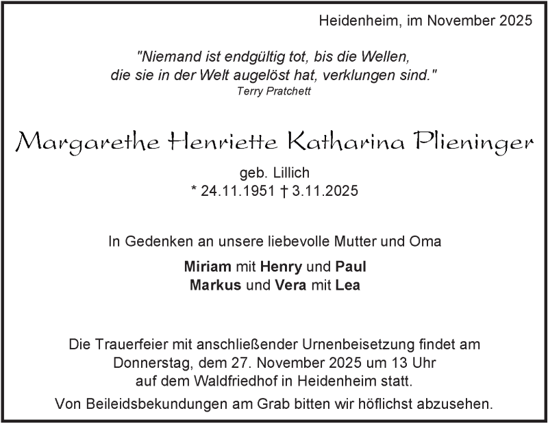  Traueranzeige für Margarethe Henriette Katharina Plieninger vom 22.11.2025 aus Heidenheimer Zeitung