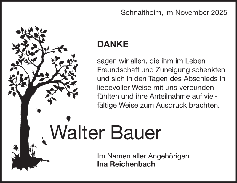  Traueranzeige für Walter Bauer vom 29.11.2025 aus Heidenheimer Zeitung