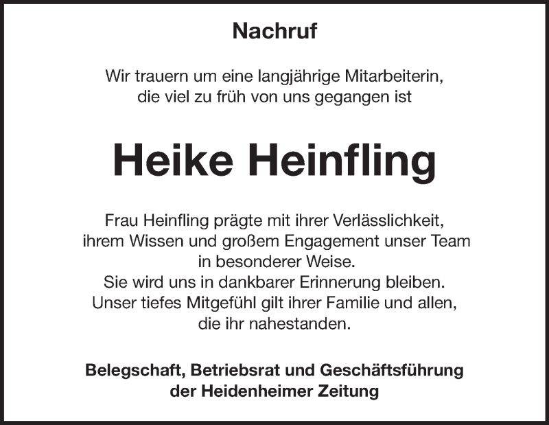 Traueranzeige für Heike Heinfling vom 15.11.2025 aus Heidenheimer Zeitung