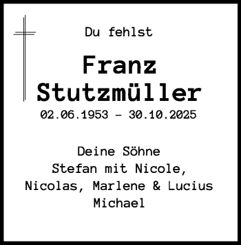 Traueranzeige von Franz Stutzmüller von Heidenheimer Zeitung