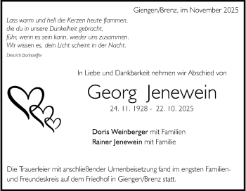 Traueranzeige von Georg Jenewein von Heidenheimer Zeitung