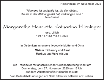 Traueranzeige von Margarethe Henriette Katharina Plieninger von Heidenheimer Zeitung