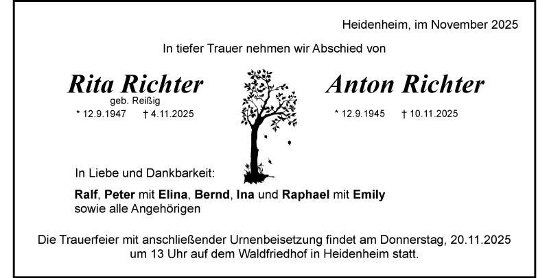  Traueranzeige für Rita Richter vom 15.11.2025 aus Heidenheimer Zeitung