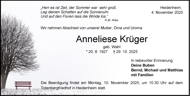  Traueranzeige für Anneliese Krüger vom 04.11.2025 aus Heidenheimer Zeitung