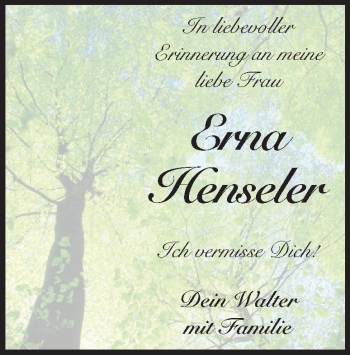 Traueranzeige von Erna Henseler von Heidenheimer Zeitung