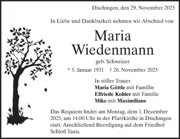 Traueranzeige von Maria Wiedenmann von Heidenheimer Zeitung