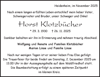 Traueranzeige von Horst Klotzbücher von Heidenheimer Zeitung