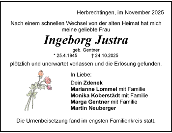 Traueranzeige von Ingeborg Justra von Heidenheimer Zeitung