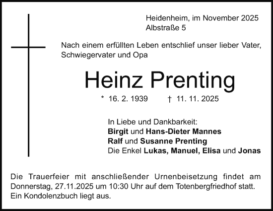 Traueranzeige von Heinz Prenting von Heidenheimer Zeitung