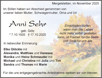 Traueranzeige von Anni Sehr von Heidenheimer Zeitung