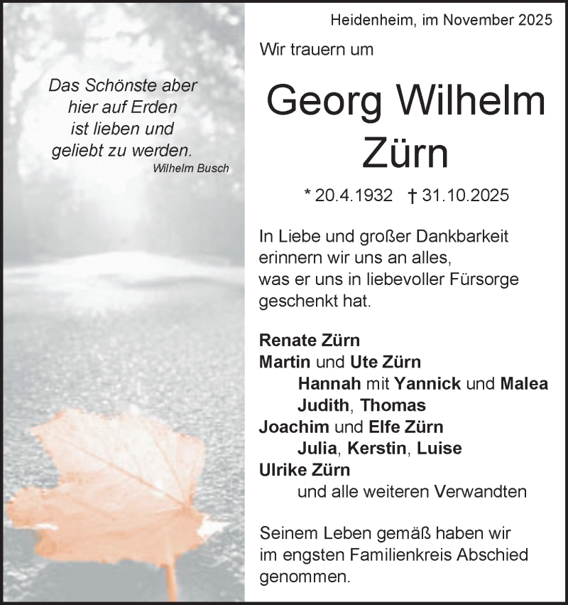  Traueranzeige für Georg Wilhelm Zürn vom 15.11.2025 aus Heidenheimer Zeitung