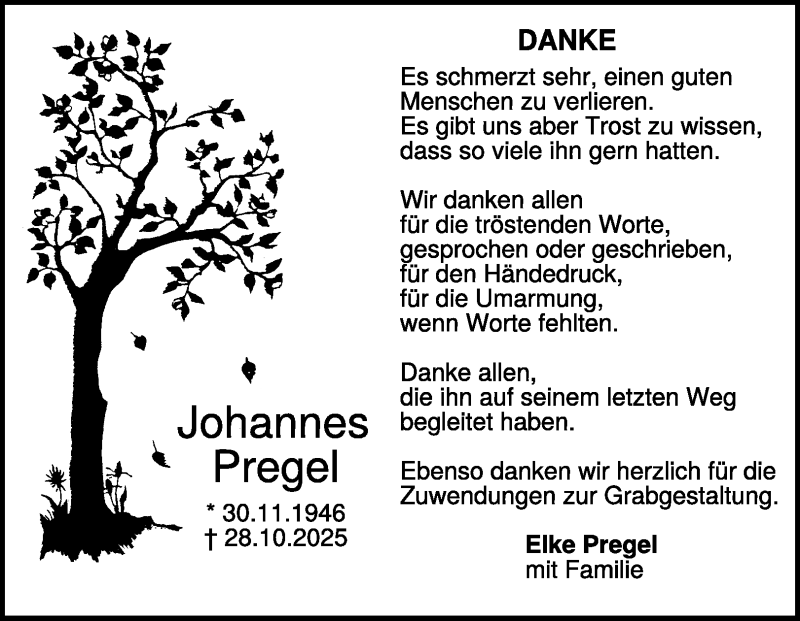  Traueranzeige für Johannes Pregel vom 27.11.2025 aus Heidenheimer Zeitung