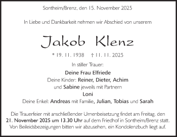 Traueranzeige von Jakob Klenz von Heidenheimer Zeitung