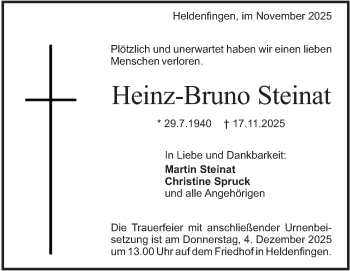Traueranzeige von Heinz-Bruno Steinat von Heidenheimer Zeitung
