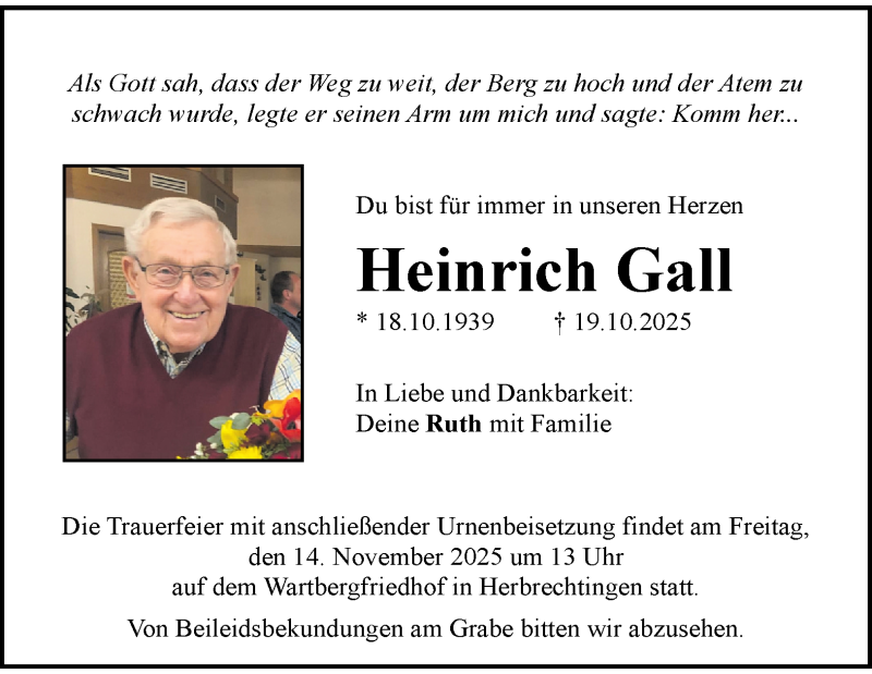  Traueranzeige für Heinrich Gall vom 08.11.2025 aus Heidenheimer Zeitung
