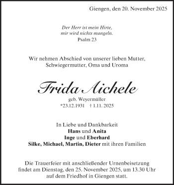 Traueranzeige von Frida Aichele von Heidenheimer Zeitung